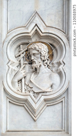 Saint John the Baptist, relief on the facade of Basilica of Santa Croce (Basilica of the Holy Cross) - famous Franciscan church in Florence, Italy Saint John the Baptist, relief on the facade of Basilica of Santa Croce (Basilica of the Holy Cross) - famous Franciscan church in Florence, Italy 110088975