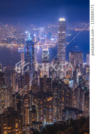 Hong Kong night view of Hong Kong buildings seen from the Lugard Road Observation Deck in October 110089171