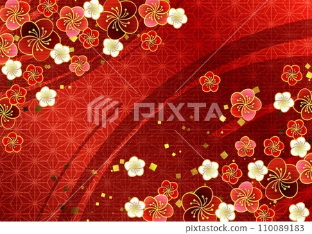 Cherry blossoms, plum, Hinamatsuri, Shichi-Go-San, hemp leaf pattern, Japanese style, image, red 110089183