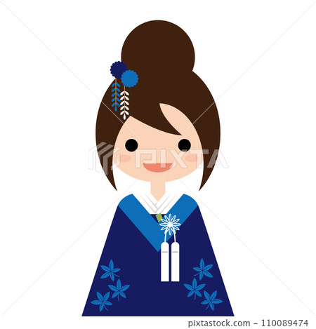 Illustration of a woman wearing a blue kimono 110089474