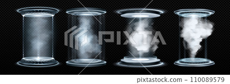 White neon game portal with smoke and glow effect. 110089579