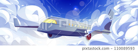 Passenger airplane flying high in sky above clouds 110089593