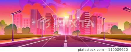 Modern city highway in lights of sunrise 110089620