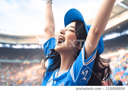 「人工智慧生成的圖像」：一名女性觀看體育比賽並用拳頭歡呼 110089884