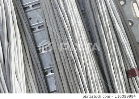 detail of large number of ethernet cables tied together connecting racks inside server room 110089994