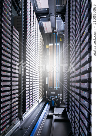 data cloud tapes inside data center racks data cloud tapes inside data center racks 110090069