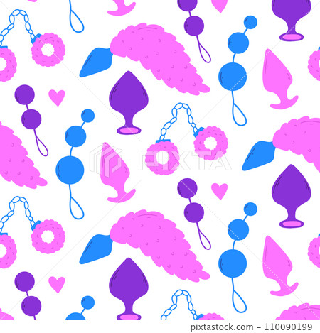 Seamless pattern with vibrators. Print for sex shop. Pattern with sex toys. Vector illustration. Flat style. Toys for adults. 110090199