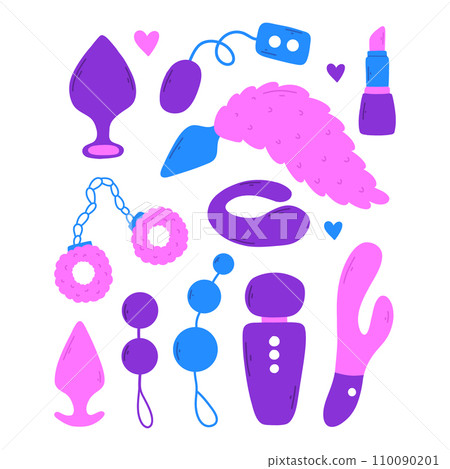 Set of sex toys. Collection of toys for adults. Vector illustration. Flat style. Sex shop set. Erotic elements set. BDSM toys. 110090201