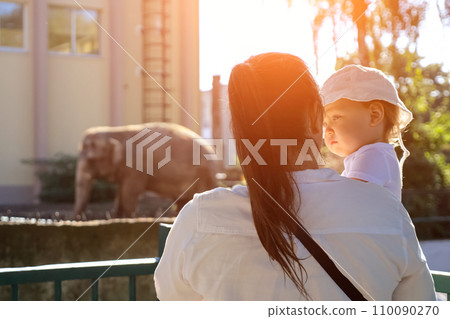 Mom holds toddler in arms looking at big elephant in zoo Mom holds toddler in arms looking at big elephant in zoo 110090270