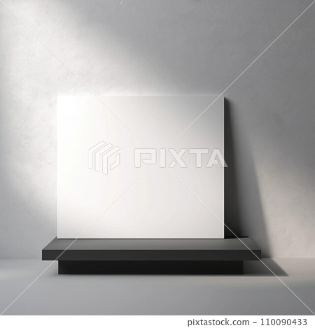 抽象方形模板與灰色背景上的黑色方形展台。 AI生成影像 抽象方形模板與灰色背景上的黑色方形展台。 AI生成影像 110090433