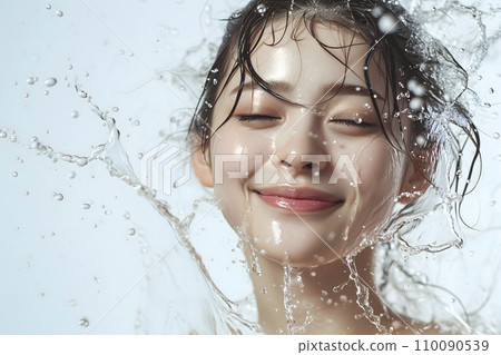 Water splashes on a young woman's face (Generative AI) Water splashes on a young woman's face (Generative AI) 110090539
