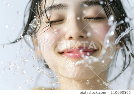 Water splashes on a young woman's face (Generative AI) Water splashes on a young woman's face (Generative AI) 110090565