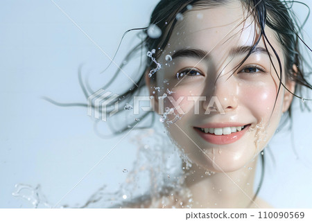 Water splashes on a young woman's face (Generative AI) Water splashes on a young woman's face (Generative AI) 110090569