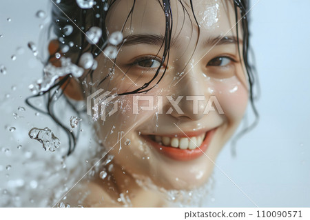 Water splashes on a young woman's face (Generative AI) 110090571