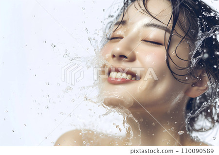 Water splashes on a young woman's face (Generative AI) Water splashes on a young woman's face (Generative AI) 110090589