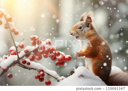 AI-generated content. Close-up of a Curious Brown Squirrel Exploring the Enchanting Snowy Forest. 110091347