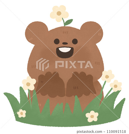 cute baby groundhog with flower bush watercolor cartoon illustration clipart Happy Groundhog Day on February 2	 110091518