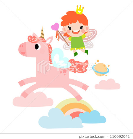 Fairy and Unicorn illustration with rainbow, stars, hearts, clouds, in cartoon style clipart 110092041
