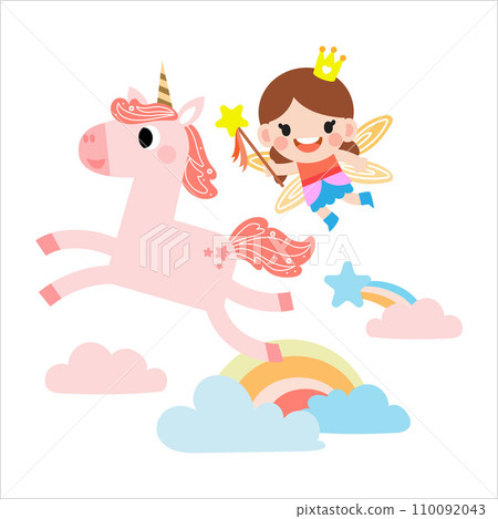 Fairy and Unicorn illustration with rainbow, stars, hearts, clouds, in cartoon style clipart Fairy and Unicorn illustration with rainbow, stars, hearts, clouds, in cartoon style clipart 110092043