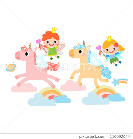 Fairy and Unicorn illustration with rainbow, stars, hearts, clouds, in cartoon style clipart 110092044