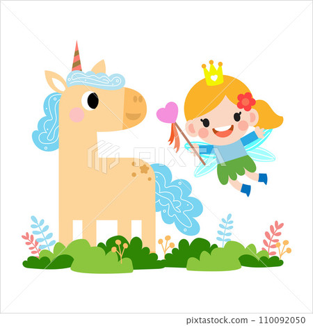 Fairy and Unicorn illustration with rainbow, stars, hearts, clouds, in cartoon style clipart 110092050