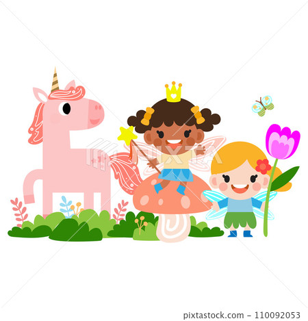 Fairy and Unicorn illustration with rainbow, stars, hearts, clouds, in cartoon style clipart 110092053