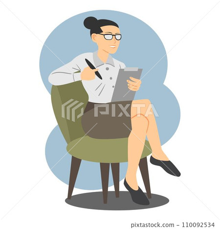 Woman psychologist sitting on chair and holding clipboard. 110092534