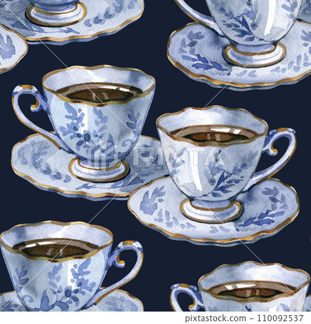 Hand painted watercolor seamless pattern with antique tea coffee cups. Tea time themed design. Porcelain cup of tea or coffee. Repeating background. Hand painted watercolor seamless pattern with antique tea coffee cups. Tea time themed design. Porcelain cup of tea or coffee. Repeating background. 110092537