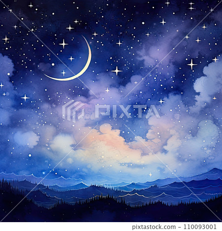 Watercolor night sky with moon and sparkling stars background 110093001
