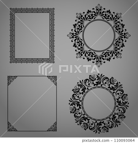 Set of decorative frames Elegant vector element for design in Eastern style, place for text. Floral black and gray borders. Lace illustration for invitations and greeting cards Set of decorative frames Elegant vector element for design in Eastern style, place for text. Floral black and gray borders. Lace illustration for invitations and greeting cards 110093064