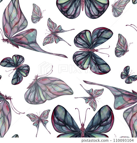 Hand drawn watercolor illustration butterfly fairy wings gem crystal insect moth. Tourmaline pearl labradorite opal. Seamless pattern isolated on white background. Design shop, print, wedding, package 110093104