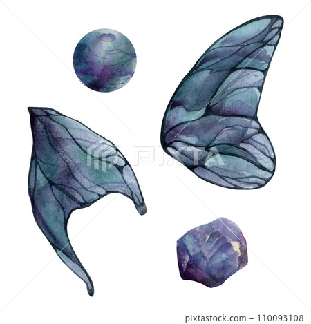 Hand drawn watercolor illustration butterfly fairy wings gem crystal insect moth. Amethyst charoite fluorite ametrine. Set of objects isolated white background. Design print, shop, wedding, birthday Hand drawn watercolor illustration butterfly fairy wings gem crystal insect moth. Amethyst charoite fluorite ametrine. Set of objects isolated white background. Design print, shop, wedding, birthday 110093108
