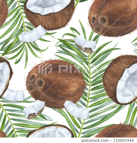Coconut seamless Pattern. Watercolor botanical illustration. Hand drawn on isolated background. Painting of tropical exotic Fruit with palm leaf. Summer plant drawing. Ornament for kitchen textiles 110093448