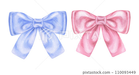 Bow Set Watercolor illustration. Hand drawn clip art on white isolated background. Drawing of blue and pink ribbon. Painting of gender party and baby shower decorations 110093449