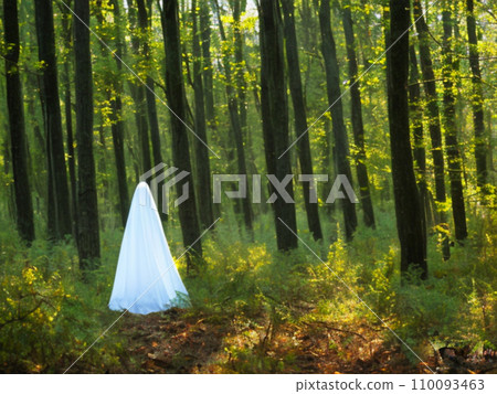 A ghostly vision in white robes roams between tree trunks. Ghost in the paranormal world. Horrible dream. Strange forest in a fog. Mystical atmosphere. Dark wood. Background wallpaper. Gloomy times. 110093463