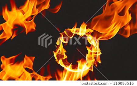 Fire lights on a black background. Fireballs in the night. A burning fire or fire. Danger from fire. The work of a fakir. 110093516