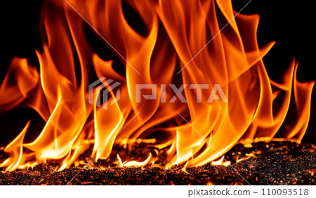 Fire lights on a black background. Fireballs in the night. A burning fire or fire. Danger from fire. The work of a fakir. Fire lights on a black background. Fireballs in the night. A burning fire or fire. Danger from fire. The work of a fakir. 110093518