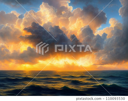 Beautiful sunset sky above clouds with dramatic light. Yellow, orange, red clouds above the horizon. Beautiful evening sky landscape. Sunset over the sea. Generated by artificial intelligence. Beautiful sunset sky above clouds with dramatic light. Yellow, orange, red clouds above the horizon. Beautiful evening sky landscape. Sunset over the sea. Generated by artificial intelligence. 110093530