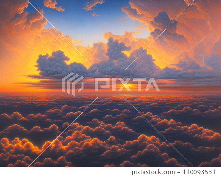 Beautiful sunset sky above clouds with dramatic light. Yellow, orange, red clouds above the horizon. Beautiful evening sky landscape. Sunset over the sea. Generated by artificial intelligence. Beautiful sunset sky above clouds with dramatic light. Yellow, orange, red clouds above the horizon. Beautiful evening sky landscape. Sunset over the sea. Generated by artificial intelligence. 110093531