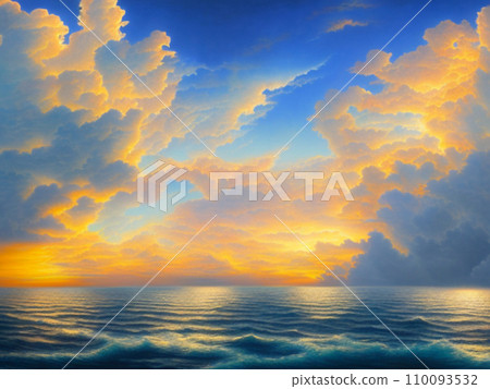 Beautiful sunset sky above clouds with dramatic light. Yellow, orange, red clouds above the horizon. Beautiful evening sky landscape. Sunset over the sea. Generated by artificial intelligence. 110093532