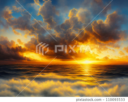 Beautiful sunset sky above clouds with dramatic light. Yellow, orange, red clouds above the horizon. Beautiful evening sky landscape. Sunset over the sea. Generated by artificial intelligence. Beautiful sunset sky above clouds with dramatic light. Yellow, orange, red clouds above the horizon. Beautiful evening sky landscape. Sunset over the sea. Generated by artificial intelligence. 110093533