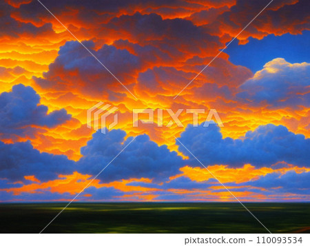 Beautiful sunset sky above clouds with dramatic light. Yellow, orange, red clouds above the horizon. Beautiful evening sky landscape. Sunset over the sea. Generated by artificial intelligence. 110093534