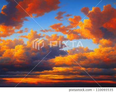 Beautiful sunset sky above clouds with dramatic light. Yellow, orange, red clouds above the horizon. Beautiful evening sky landscape. Sunset over the sea. Generated by artificial intelligence. Beautiful sunset sky above clouds with dramatic light. Yellow, orange, red clouds above the horizon. Beautiful evening sky landscape. Sunset over the sea. Generated by artificial intelligence. 110093535