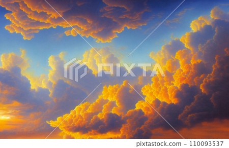 Beautiful sunset sky above clouds with dramatic light. Yellow, orange, red clouds above the horizon. Beautiful evening sky landscape. Sunset over the sea. Generated by artificial intelligence. 110093537