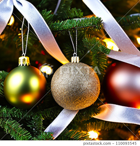 Beautiful red, gold, silver, yellow, beige shiny and matte Christmas balls shine on a spruce branch. Happy New Year. Merry Christmas. Christmas background - baubles and branch of spruce tree. Beautiful red, gold, silver, yellow, beige shiny and matte Christmas balls shine on a spruce branch. Happy New Year. Merry Christmas. Christmas background - baubles and branch of spruce tree. 110093545