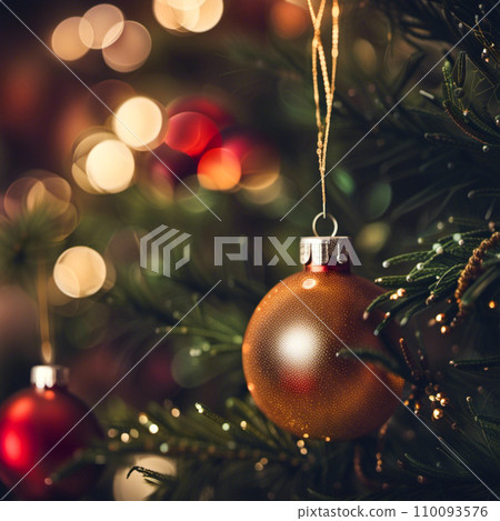 Beautiful red, gold, shiny and matte Christmas balls shine on a spruce branch. Happy New Year. Merry Christmas. Christmas background, baubles and branch of spruce tree. New Year and Christmas holidays Beautiful red, gold, shiny and matte Christmas balls shine on a spruce branch. Happy New Year. Merry Christmas. Christmas background, baubles and branch of spruce tree. New Year and Christmas holidays 110093576