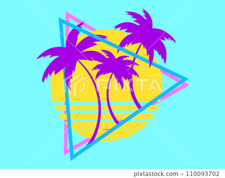80s retro sci-fi palm trees on a sunset in triangular frame. Retro futuristic sun with palm trees. Synthwave and retrowave style. Design for advertising banners and posters. Vector illustration 80s retro sci-fi palm trees on a sunset in triangular frame. Retro futuristic sun with palm trees. Synthwave and retrowave style. Design for advertising banners and posters. Vector illustration 110093702
