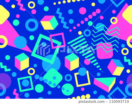 Memphis seamless pattern with 3d geometric shapes in 80s style. Colorful geometric pattern. Design of promotional products, wrapping paper and printing. Vector illustration Memphis seamless pattern with 3d geometric shapes in 80s style. Colorful geometric pattern. Design of promotional products, wrapping paper and printing. Vector illustration 110093719