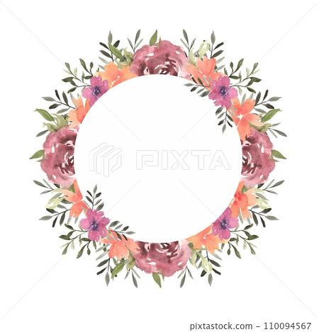 Watercolor floral round wreath of roses, orange and pink flowers, with green leaves and twigs. Hand drawn illustration of botanical template for greeting cards or wedding invitations, mother's day, 110094567