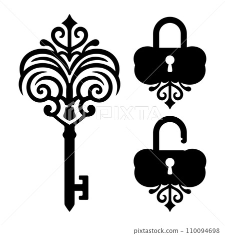 Abstract Old Door Key Shape Black and White Vector Icon 110094698